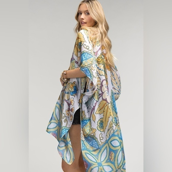 60s floral flower purple yellow cream bohemian boho kimono cardigan One Size - Picture 2 of 3